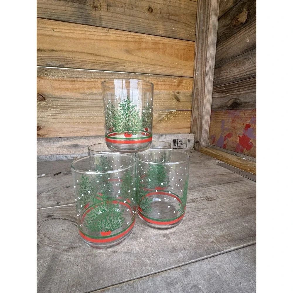5 Vintage Libbey Christmas tree snow‎ dots double old fashioned glass tumblers